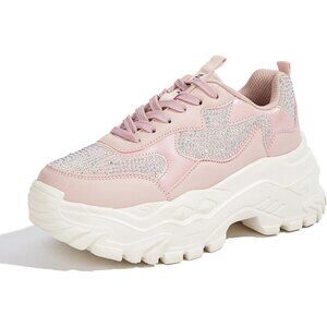 Women Pink Rhinestone Platform Casual Tennis Lace Up Chunky Sneakers Shoes